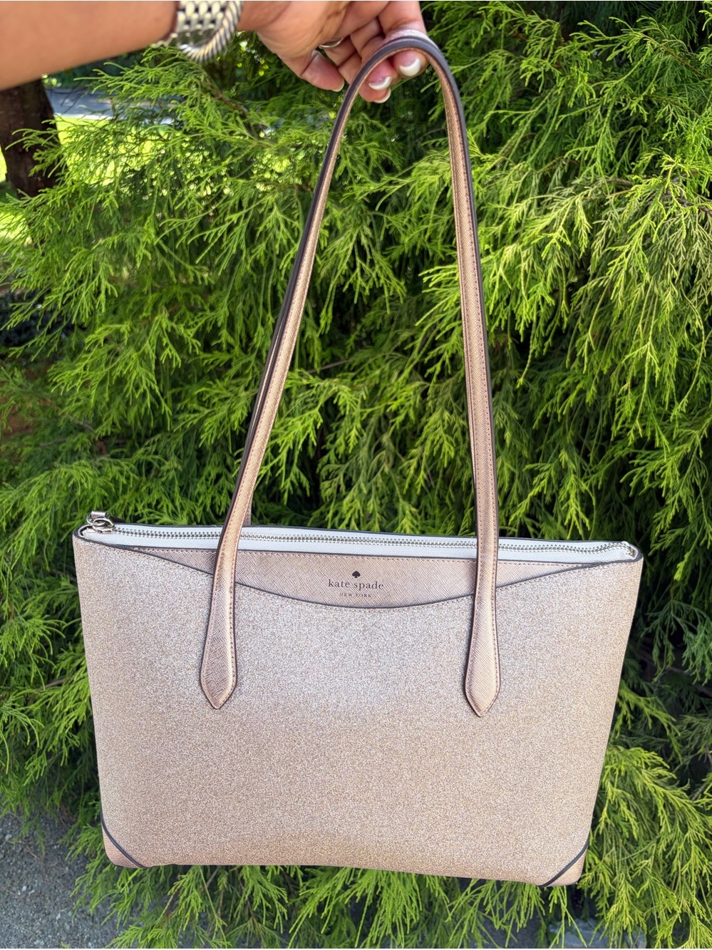 Kate Spade New York Rose Gold Glitter Zip Top Tote Shoulder Bag